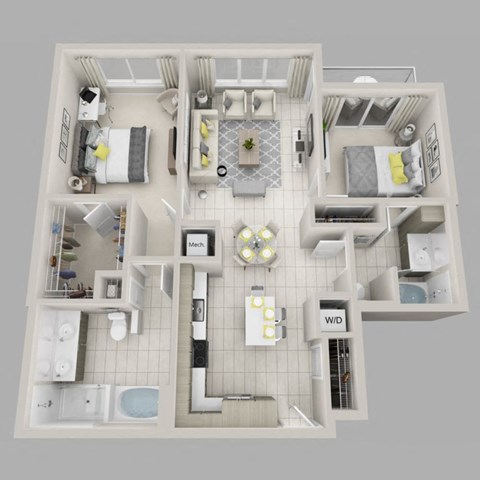 Floor plan for 2 beds, 2 baths, 1157 sqft